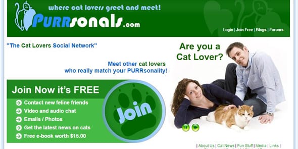 Screenshot of Purrsonals.com homepage