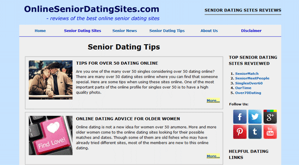 A screenshot of the Online Senior Dating Sites tips page