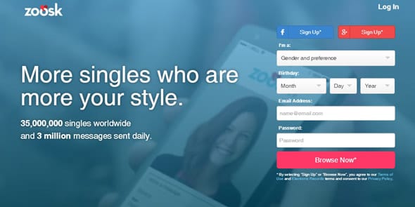 Screenshot of the Zoosk homepage