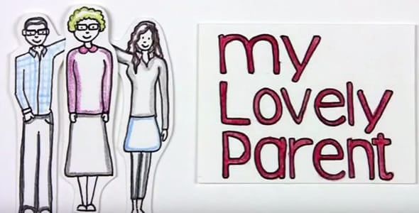 myLovelyParent logo and cartoon drawing of mom and kids
