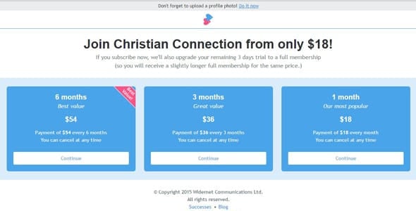 Screenshot of Christian Connection's payment plans