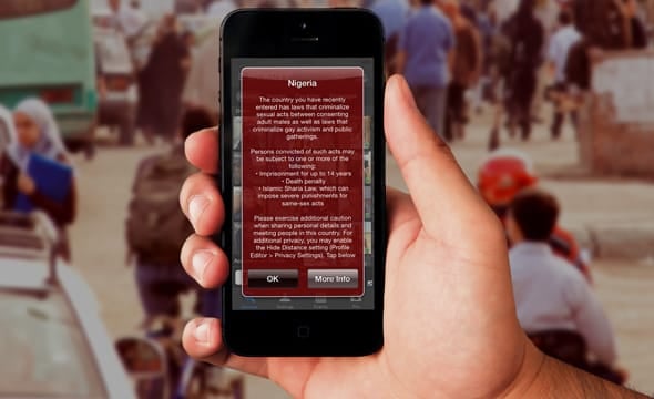 A screenshot of a Scruff Travel Advisory Alert