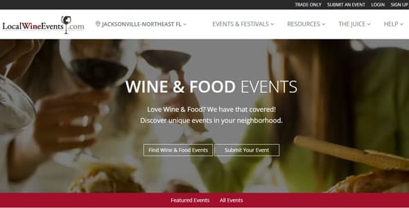 Screenshot of LocalWineEvents.com's homepage