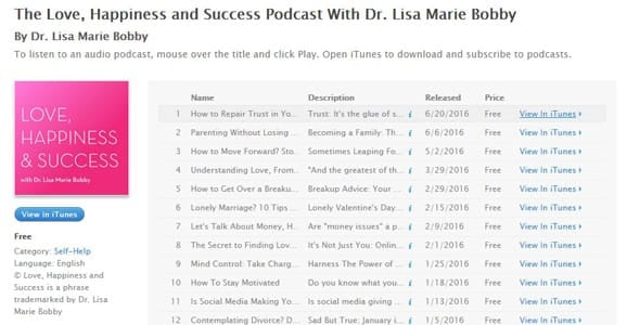 Screenshot of iTunes' page for the Love, Happiness, and Success Podcast