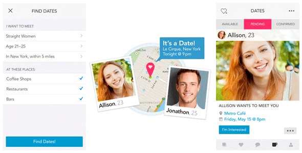Screenshots of Clover's On-Demand Dating feature