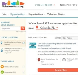 Screenshot of VolunteerMatch's search page