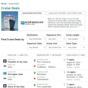Screenshot of Cruise Critic's Deals page