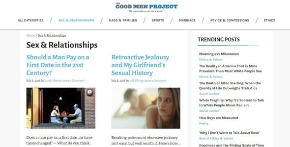Screenshot of The Good Men Project's sex and relationships page