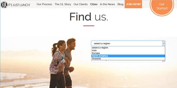 Screenshot of Find Us page at It's Just Lunch