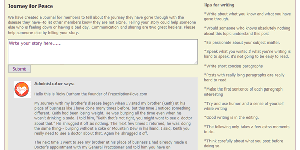 Screenshot of Prescription4Love's Journey for Peace journal
