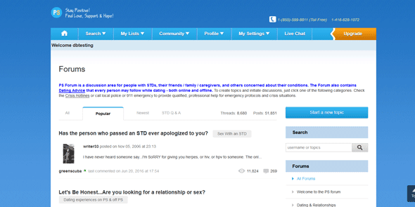 Screenshot of the forum page at PositiveSingles