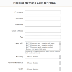Screenshot of the sign-up page for PositiveSingles