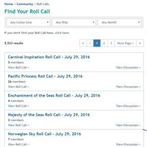 Screenshot of Cruise Critic's roll call