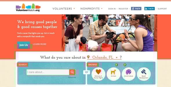 Screenshot of VolunteerMatch's homepage