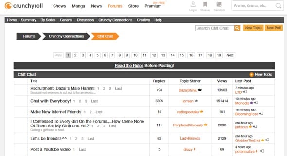 Screenshot of Crunchyroll forums