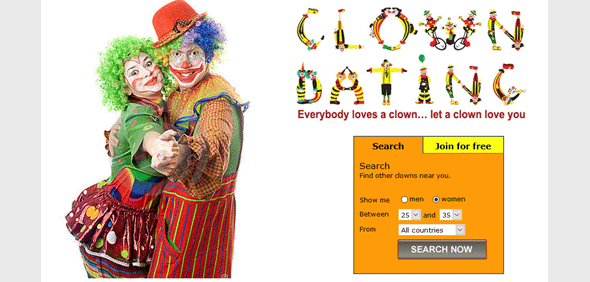 Screenshot of ClownDating homepage