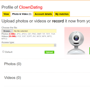 Screenshot of ClownDating.com photo upload page