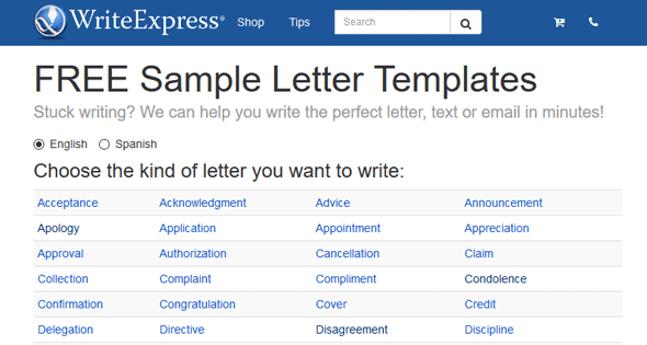 Screenshot of the WriteExpress homepage