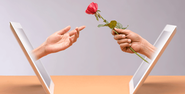 Photo of someone handing out a rose from a tablet screen