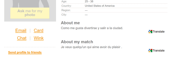 Screenshot of Translate Feature for ClownDating.com