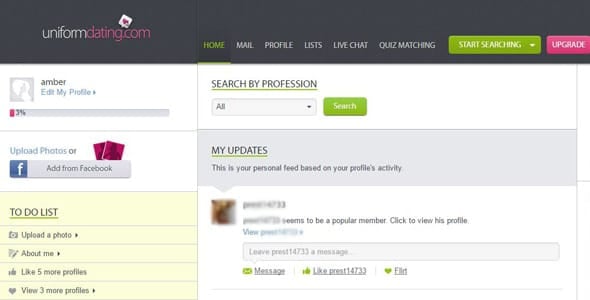 Screenshot of UniformDating.com's user homepage Screenshot of UniformDating.com's user homepage