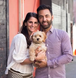 Photo of Ali, her husband Matt, and her dog Teddy