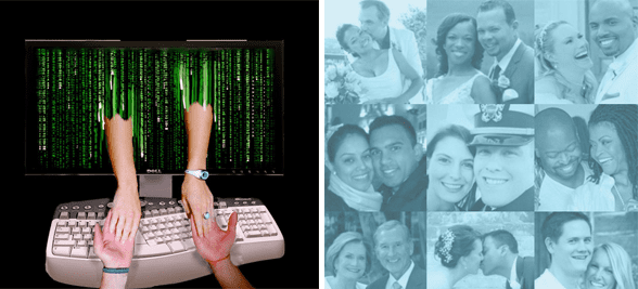 Collage of couples and people holding hands through a computer screen