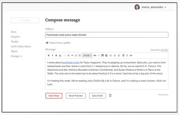 Screenshot of TinyLetter newsletter composition