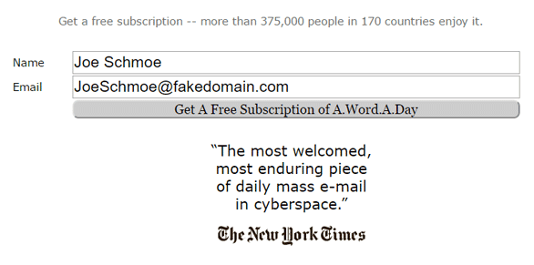 A screenshot of the A.Word.A.Day subscription page