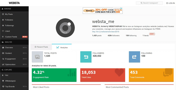 Screenshot of WEBSTA's Instagram profile analysis