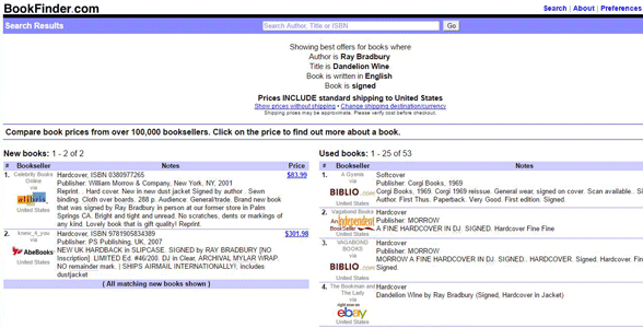 Screenshot of BookFinder's signed book search results