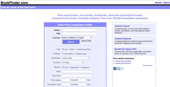 Screenshot of BookFinder's homepage