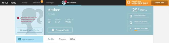 Captura de pantalla de un perfil de eharmony Captura de pantalla de un perfil de eharmony