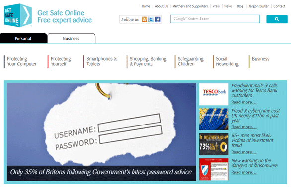 Screenshot of the Get Safe Online homepage