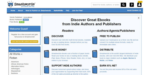 Screenshot of the Smashwords homepage