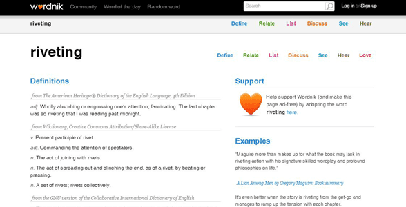 Screenshot of a Wordnik definition