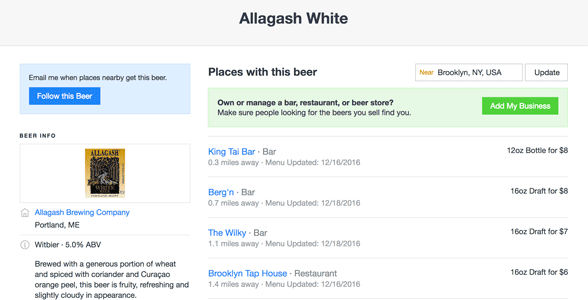 Screenshot of a BeerMenus search page