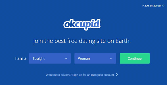 Screenshot of OkCupid's homepage