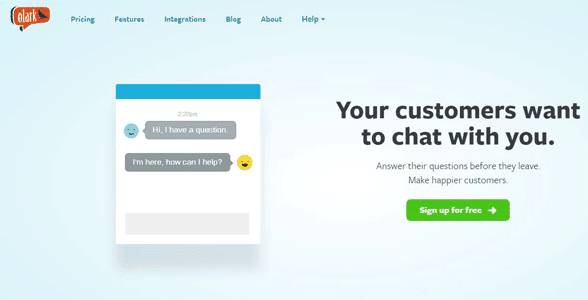 Screenshot of the Olark homepage