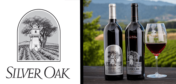 The Silver Oak logo and a photo of wine bottles in front of a vineyard The Silver Oak logo and a photo of wine bottles in front of a vineyard