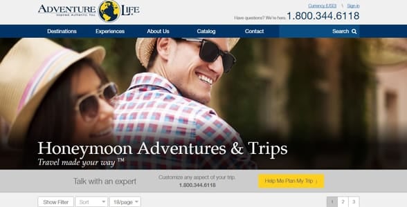 Screenshot of Adventure Life's Honeymoon page