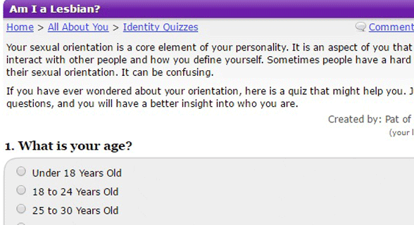 Screenshot of the GoToQuiz lesbian test
