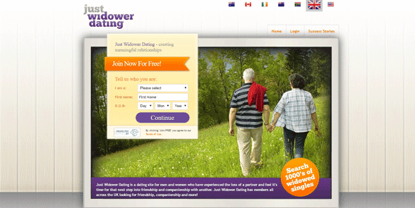 Screenshot of the Just Widow Dating homepage