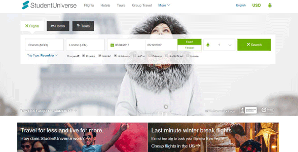 Screenshot of the StudentUniverse homepage