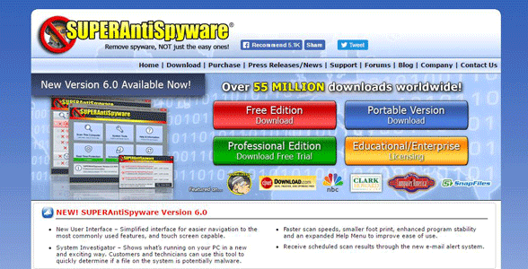 Screenshot of the SUPERAntiSpyware homepage