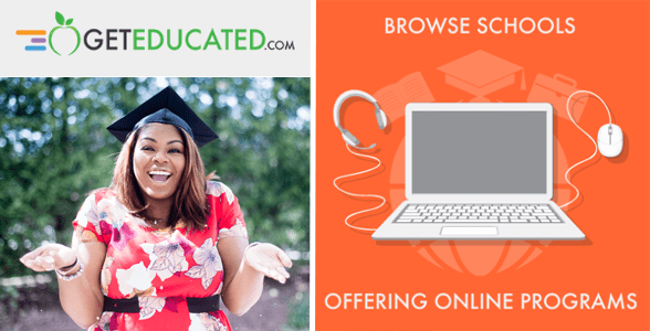 Collage of GetEducated logo, woman in graduation cap, and laptop graphic