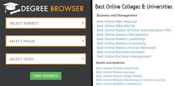Screenshot of GetEducated Degree offerings and browsing tool