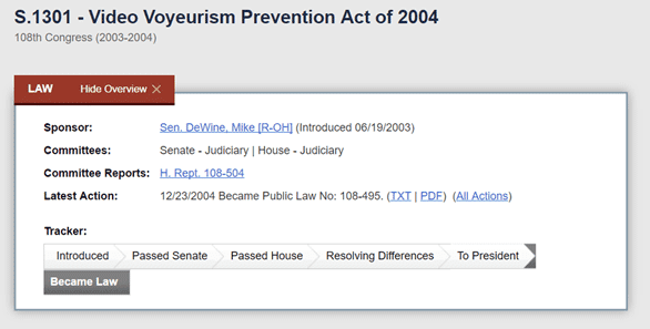 Screenshot of the Video Voyeurism Prevention Act