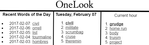 Screenshot of OneLook's Word of the Day page