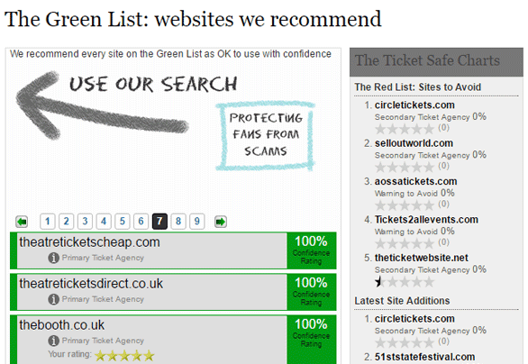 Screenshot of Safeconcerts' Green List